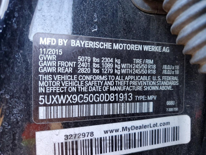 BMW X3 2016 VIN 5UXWX9C50G0D81913