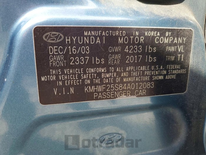 Hyundai Sonata 2004 VIN KMHWF25S84A012083