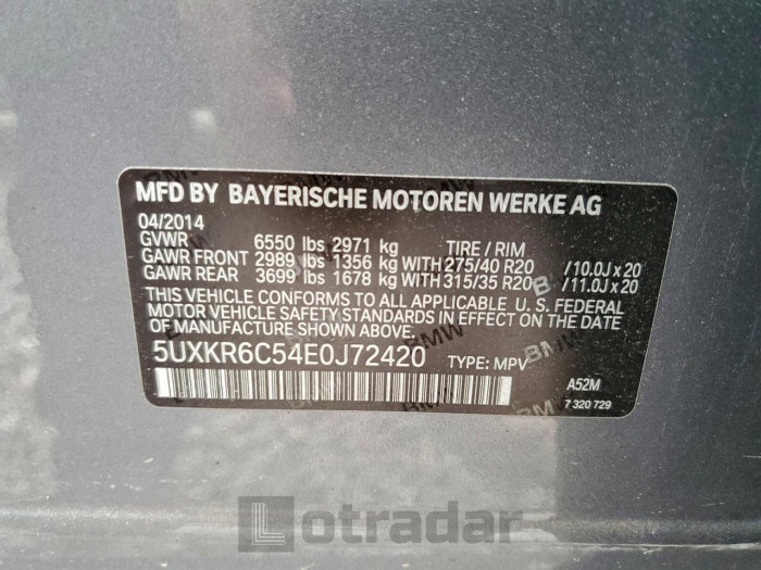 BMW X5 2014 VIN 5UXKR6C54E0J72420