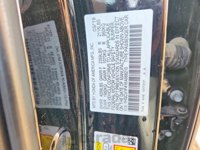 Honda Accord 2019 VIN 1HGCV1F41KA068210