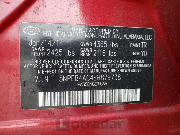 Hyundai Sonata 2014 VIN 5NPEB4AC4EH879738