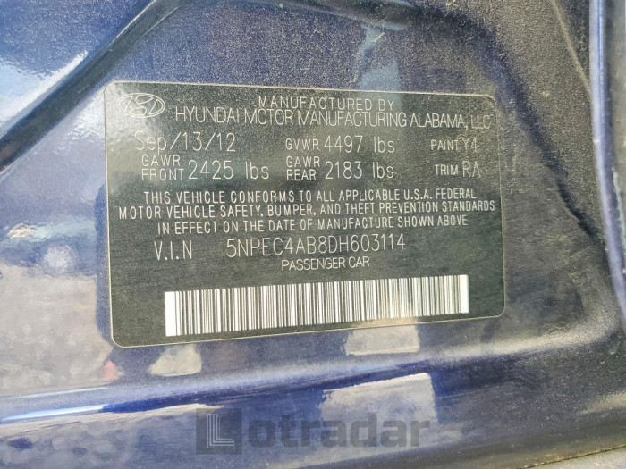 Hyundai Sonata 2013 VIN 5NPEC4AB8DH603114
