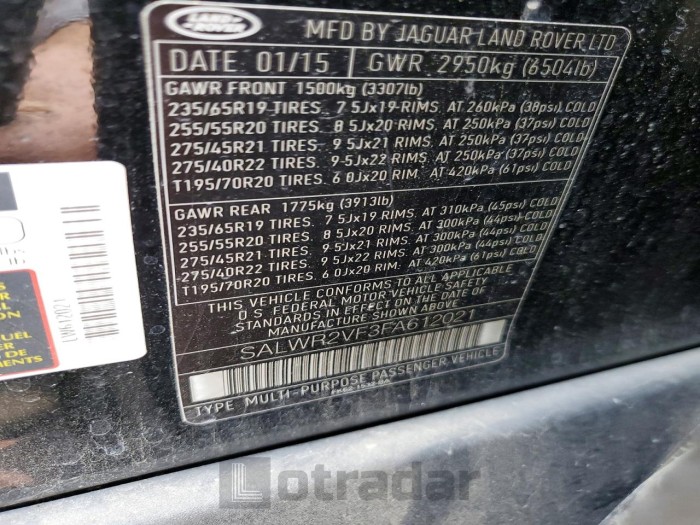 Land rover Rangerover 2015 VIN SALWR2VF3FA612021