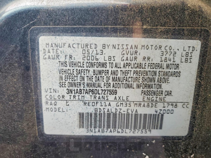 Nissan Sentra 2013 VIN 3N1AB7AP6DL727559