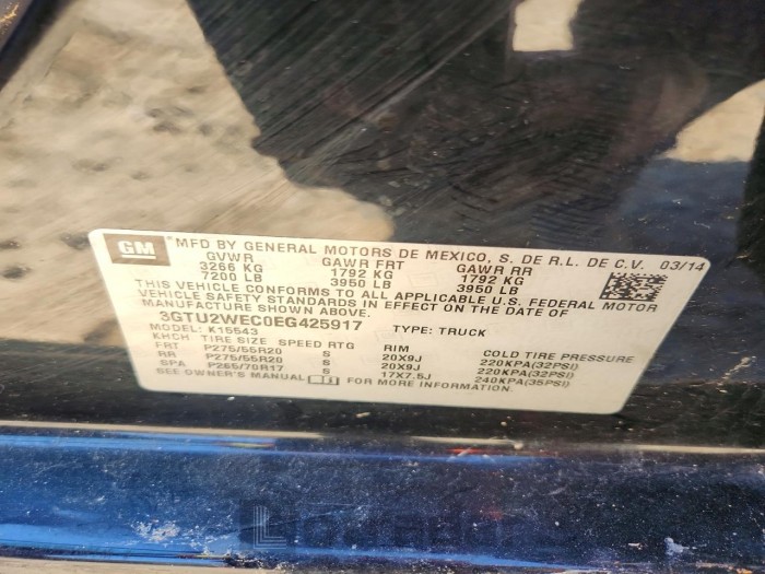 Gmc SIERRA 2014 VIN 3GTU2WEC0EG425917