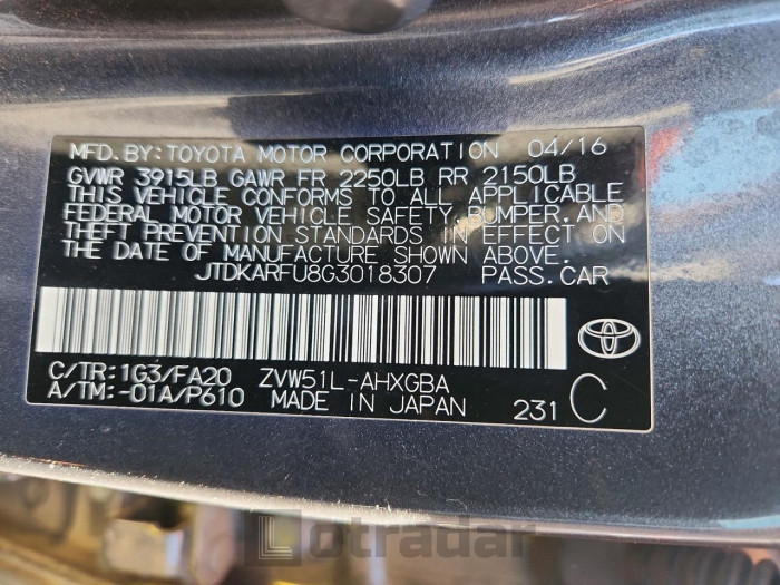 Toyota Prius 2016 VIN JTDKARFU8G3018307