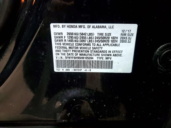 Honda Pilot 2017 VIN 5FNYF6H95HB105394