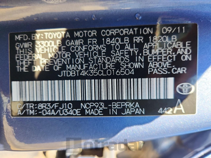 Toyota Yaris 2012 VIN JTDBT4K35CL016504