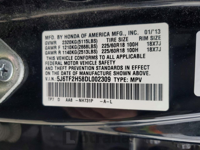 Honda Crosstour 2013 VIN 5J6TF2H58DL002309