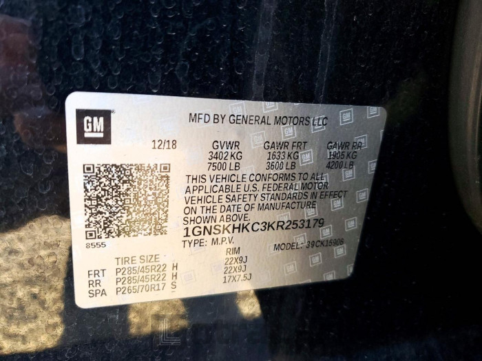 Chevrolet Suburban 2019 VIN 1GNSKHKC3KR253179