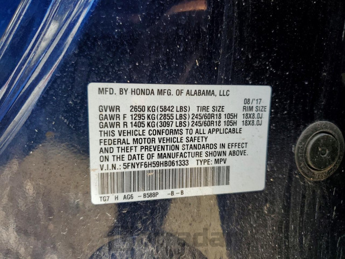 Honda Pilot 2017 VIN 5FNYF6H59HB061333