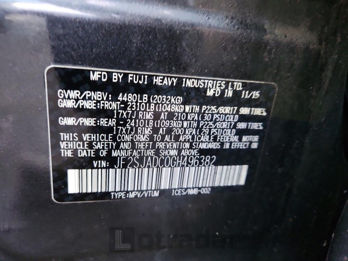 Subaru Forester 2016 VIN JF2SJADC0GH496382