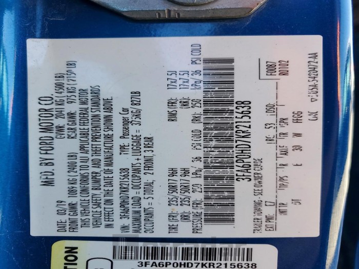Ford Fusion 2019 VIN 3FA6P0HD7KR215638