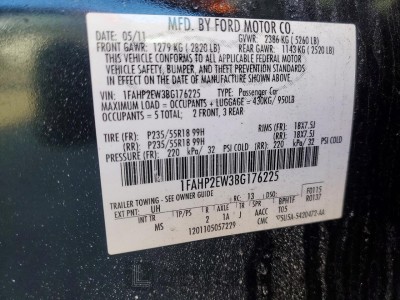Ford Taurus 2011 VIN 1FAHP2EW3BG176225