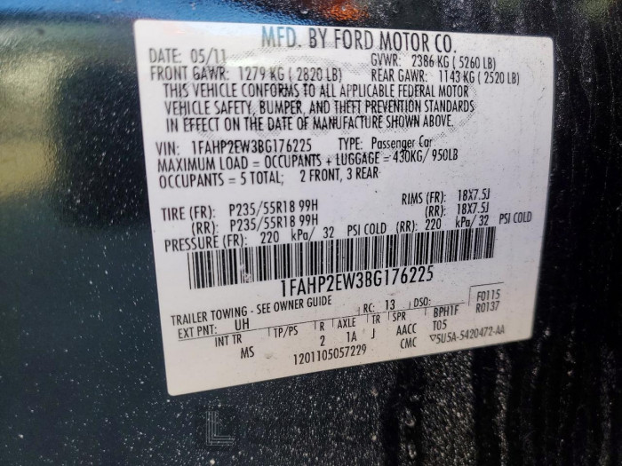 Ford Taurus 2011 VIN 1FAHP2EW3BG176225