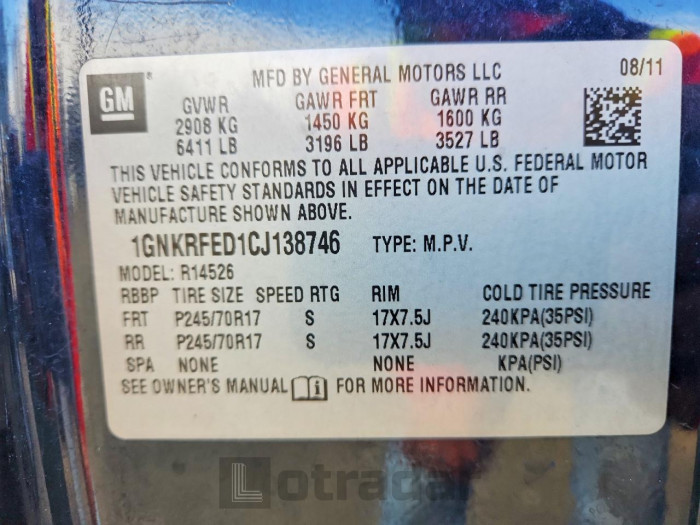 Chevrolet Traverse 2012 VIN 1GNKRFED1CJ138746
