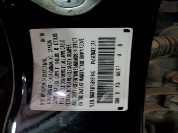 Honda Civic 2011 VIN 2HGFA1F65BH518467