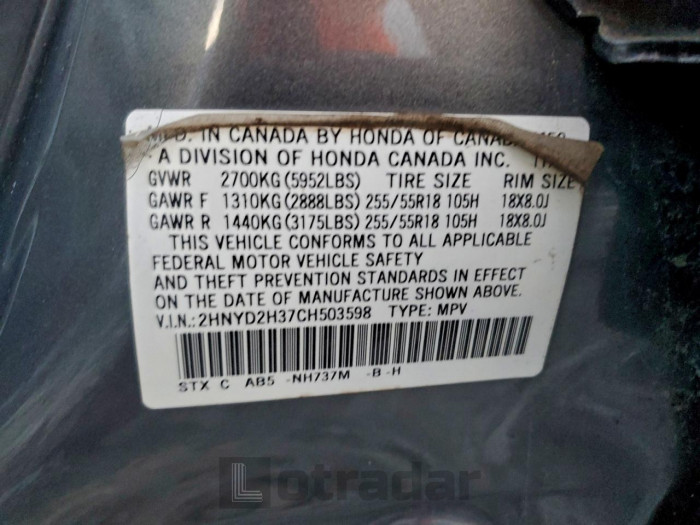Acura Mdx 2012 VIN 2HNYD2H37CH503598