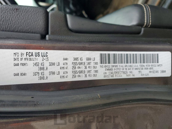 Jeep Grand cher 2015 VIN 1C4RJFBM3FC778629