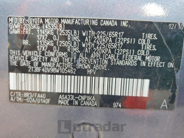 Toyota Rav4 2011 VIN 2T3BF4DV9BW105462