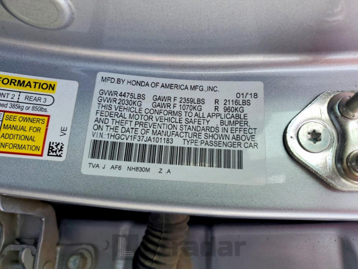 Honda Accord 2018 VIN 1HGCV1F37JA101183