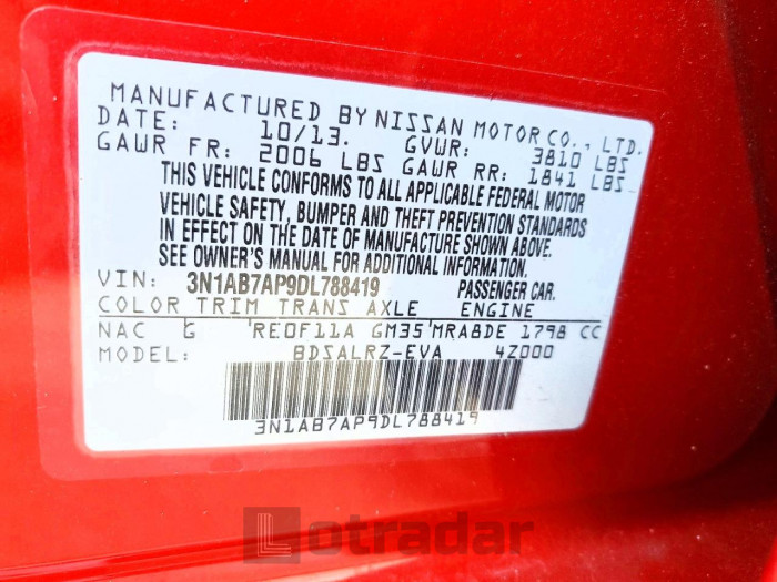 Nissan Sentra 2013 VIN 3N1AB7AP9DL788419