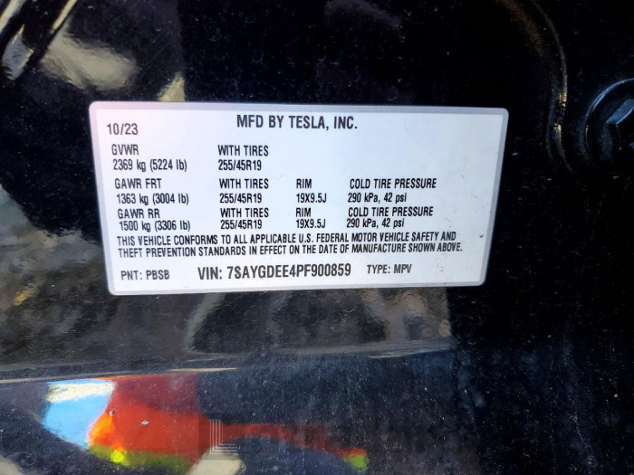 Tesla Model y 2023 VIN 7SAYGDEE4PF900859