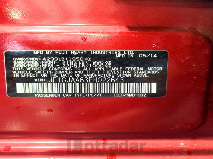 Subaru Impreza 2014 VIN JF1GJAA63EH022643