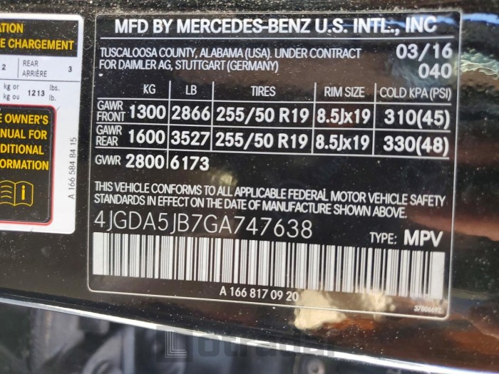 Mercedes-benz Gle class 2016 VIN 4JGDA5JB7GA747638