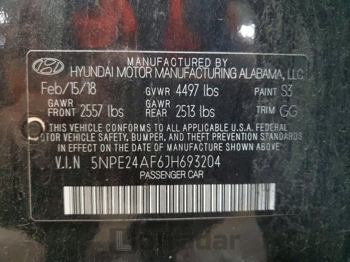 Hyundai Sonata 2018 VIN 5NPE24AF6JH693204