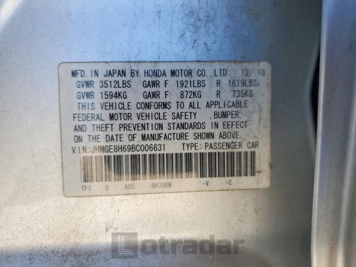 Honda Fit 2011 VIN JHMGE8H69BC006631