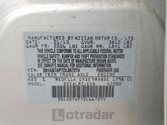 Nissan Sentra 2013 VIN 3N1AB7AP7DL667274