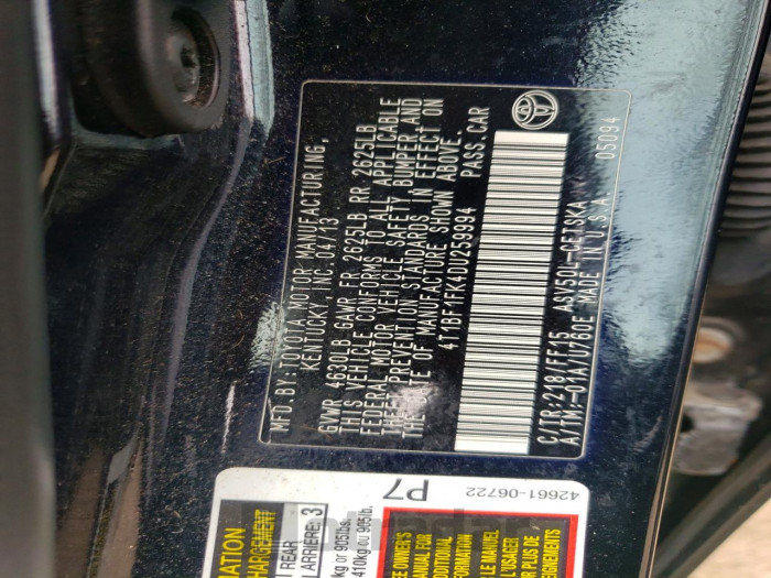 Toyota Camry 2013 VIN 4T1BF1FK4DU259994