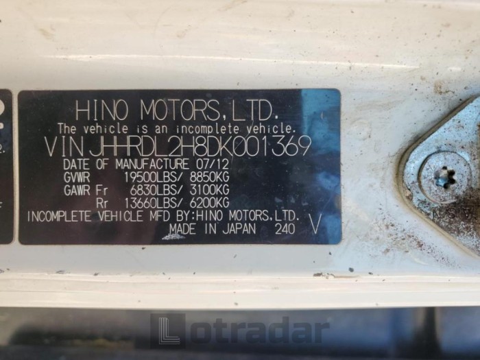 Hino All models 2013 VIN JHHRDL2H8DK001369